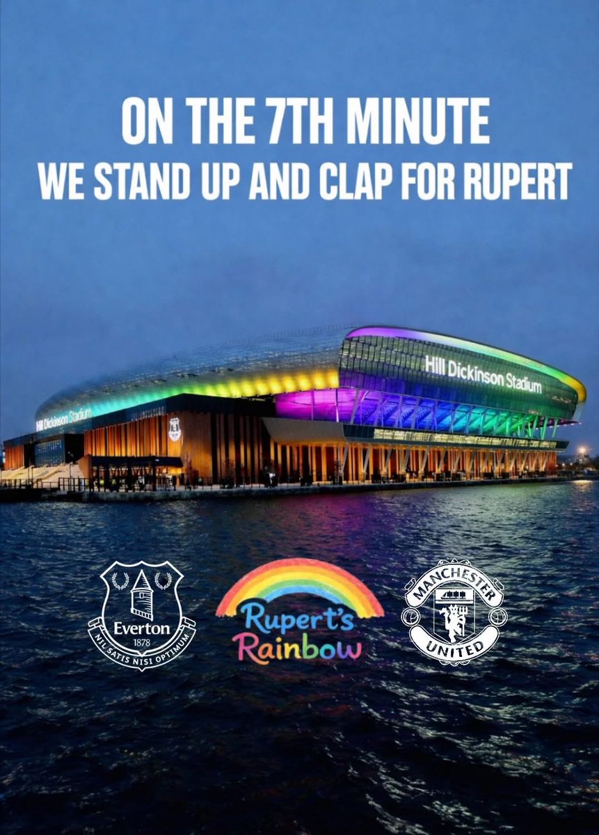 Going to the @everton game tonight? 💙

The <a href="/Everton/">Everton</a>Stadium will be lit in rainbow colours for Rupert 🌈 to raise awareness of AHC.

Please clap on the 7th minute to show that despite his ultra-rare, life-threatening condition, he isn’t alone 👏

Please share 💙