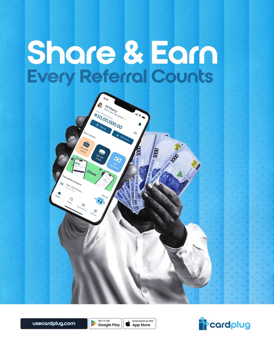 Sharing pays.
Invite your friends to Cardplug and earn rewards every time they trade. Zero stress. Just profit.
Share &amp; earn on Cardplug.

 #giftcardsavailable #giftcardvendorsinnigeria #wheretotradegiftcards #mondaymotivation #AnotherMonday