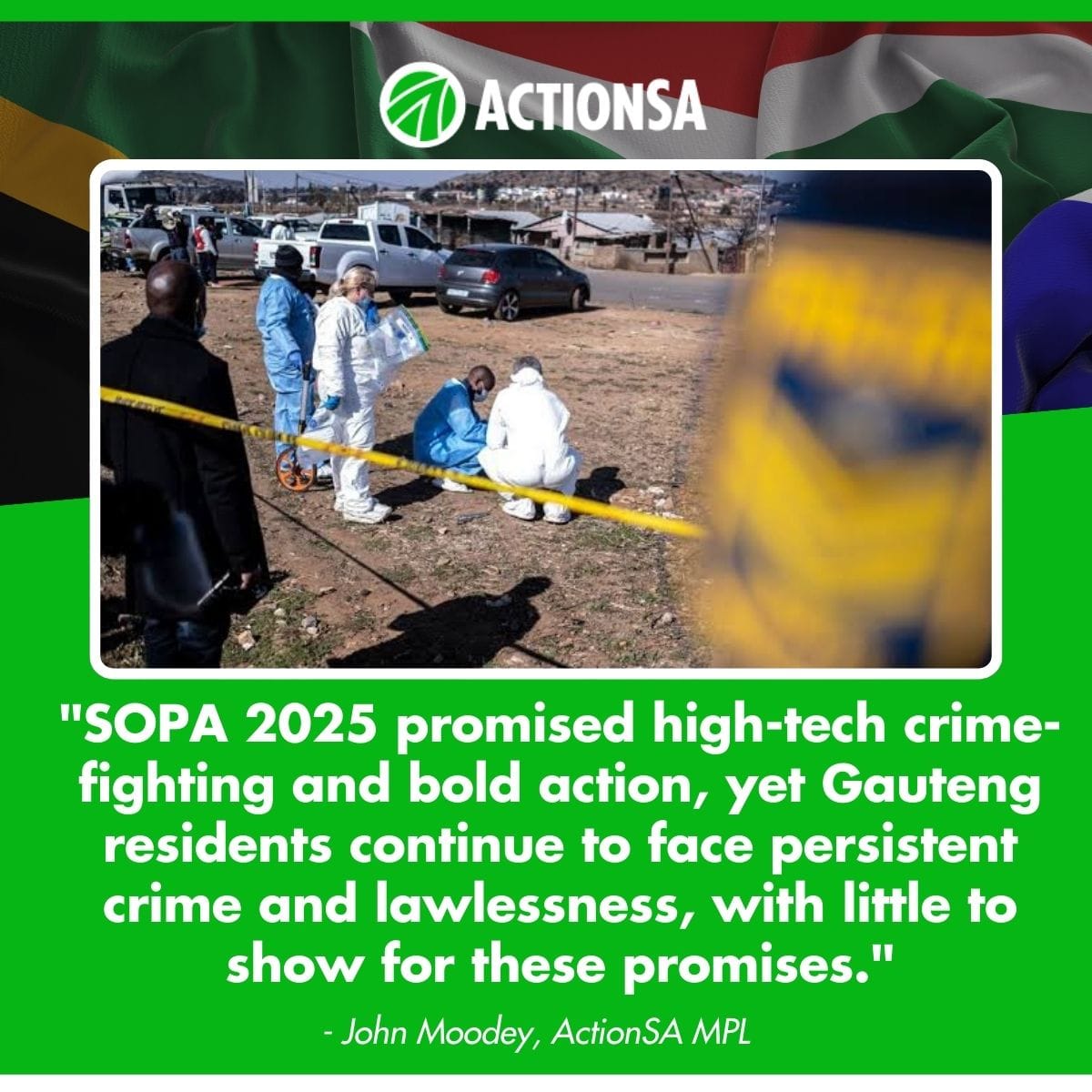 SOPA 2025 promised to prioritise crime-fighting and safety—but Gauteng is still a war zone. Failing safety authorities, violent gangs, illegal mining syndicates, and mass killings leave residents living in fear.

#GautengDeservesBetter
#SOPA2026