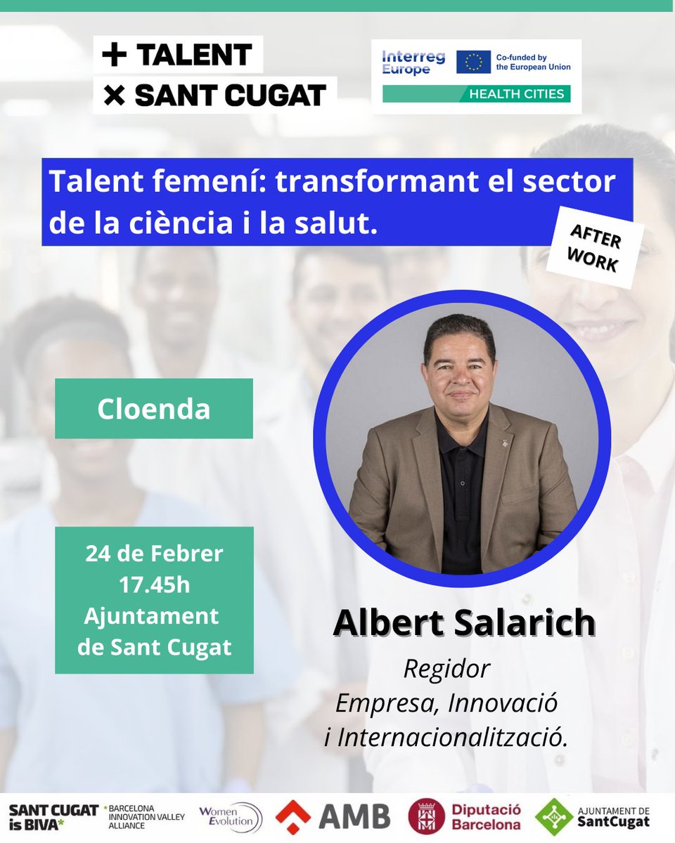 WomenBcn's tweet photo. 📣⭐#AfteWork "Talent femení transformant el sector de la ciència i la salut" @ajsantcugat, una jornada dins del programa #HealthCities
@interregeurope
🗣️Cloenda a càrrec d'@salaricu, regidor d’Empresa, Innovació i Internacionalització.
📆Demà / 17.45h
https://t.co/SFTDkVve35 https://t.co/ORpWIPCDxP