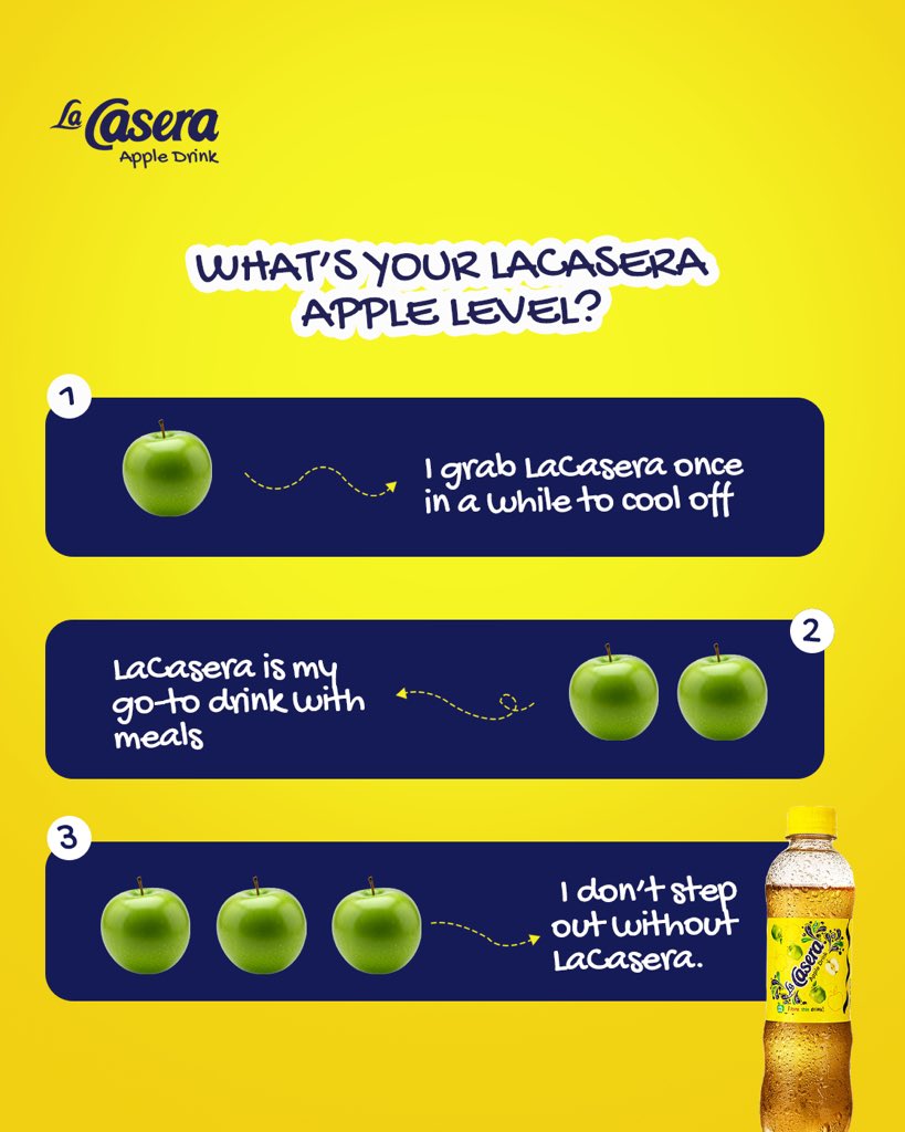 LaCasera_NG's tweet photo. This is how we would know the true LaCasera lovers…what level do you fall under?
#LaCaseraApple #LaCasera #RealAppleGoodness #ILoveThisDrink #MakeNextHappen https://t.co/VmYkX5Uvg6
