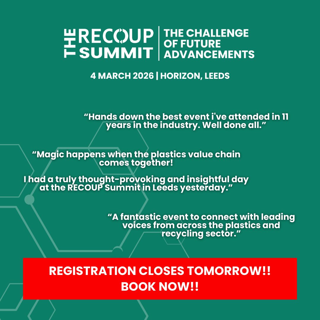 Recoup_UK's tweet photo. Registration closes tomorrow! 

Be part of the conversations defining what comes next - from materials innovation to recycling system transformation and the role of AI.

🎟️ Secure your place before registration closes tomorrow:
https://t.co/YVKGItURcA https://t.co/SXZhPesDny