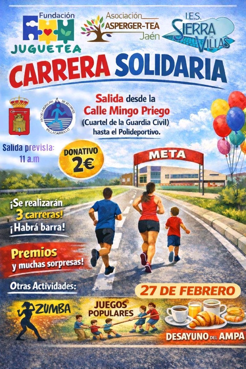 sierralasvillas's tweet photo. 🏃‍♀️💙 El 27 de febrero celebramos la Carrera Solidaria, con salida desde la Calle Mingo Priego y llegada al Polideportivo (11:00 h). Donativo: 2 €.
Habrá carreras, barra, premios, zumba, juegos populares y desayuno del AMPA.
¡Participa!
#villacarrillo #iessierradelasvillas https://t.co/2BjlTiEDCG