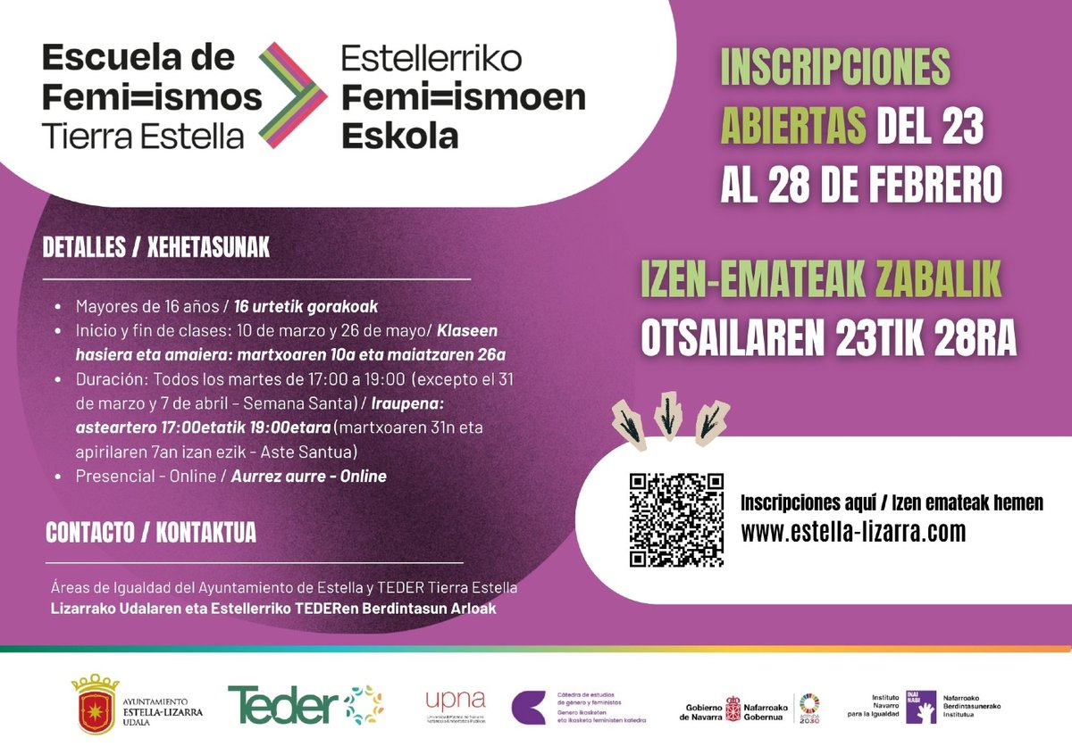 📢 Abierta la inscripción - II Escuela de Feminismos de Tierra Estella 
🤝 <a href="/UNavarra/">UPNA - Universidad</a> y Áreas de Igualdad del <a href="/AytoEstellaLiz/">AytoEstellaLiz</a> y <a href="/tederural/">Asociación TEDER 🌱</a>
🗓 Inscripción: del 23 al 28 de febrero (solo on-line)
🔗 Registro municipal: sedeelectronica.estella-lizarra.com/carpetaciudada…
📍 Del 10 de marzo al 26 de mayo