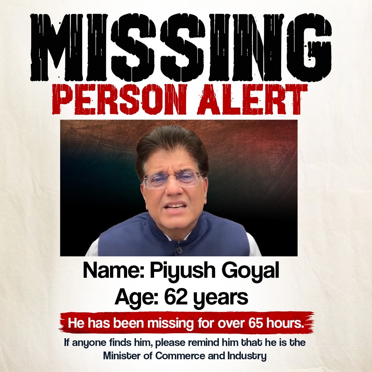 MISSING PERSON ALERT 

The U.S. Supreme Court struck down Trump’s tariffs at 8:30 pm IST on 20 February. It’s been over 65 hours.

The government’s entire response so far? “We are studying the matter.”

Meanwhile, <a href="/PiyushGoyal/">Piyush Goyal</a> - usually known for his slick hairstyles and his