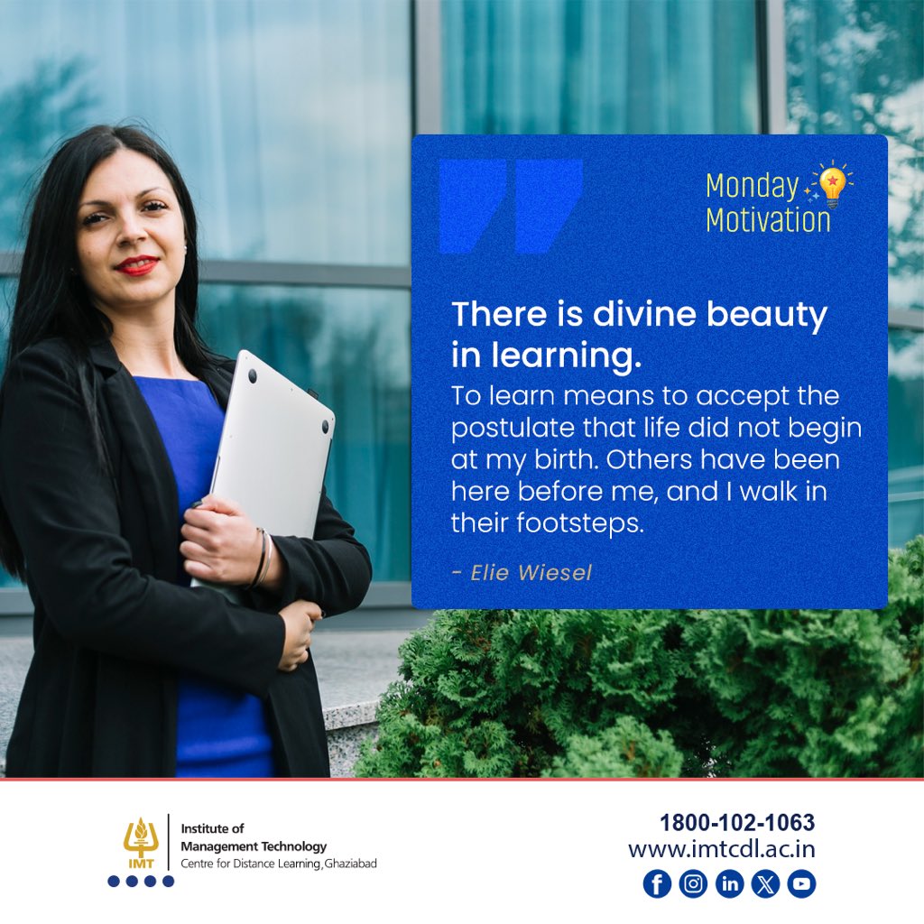 IMTCDL's tweet image. Learning is not just about gaining knowledge, it’s about growing through shared wisdom and experiences.
Start your week with the power of learning.
imtcdl.ac.in

#MondayMotivation #IMTCDL #LifelongLearning #CareerGrowth #ManagementEducation