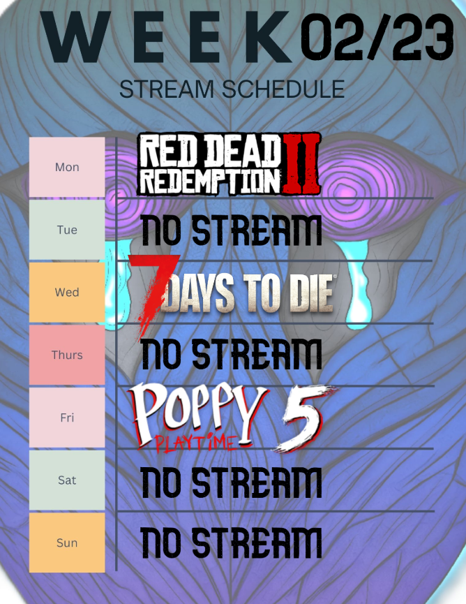 DPLAGUED_'s tweet photo. Livestream Update for 2/23/26
Mondays, Wednesdays, Fridays @ 11PM PST
Youtube- DPlagued
Twitch- DPlagued_
#YouTuber #GamingCommunity #twitchstreamer #scheduling #7daystodie #RedDeadRedemption2 #PoppyPlaytimeChapter5 #streampromo https://t.co/sOWHHrZP8d