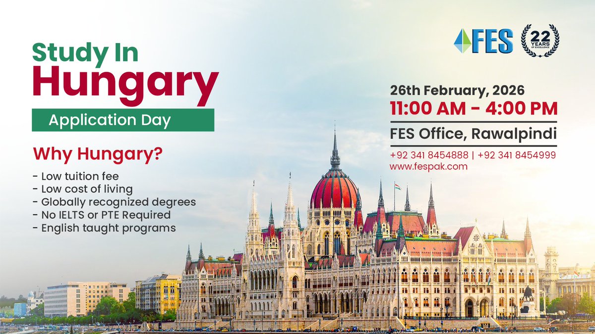 Curious how you can study in Europe, work during breaks, and save on living costs? Join FES Consultants for Study in Hungary Application Day and find out why Hungary is becoming one of the most popular destinations for international students. From affordable education and