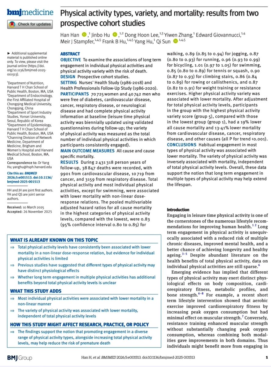 🚨📢🥇Estudio en BMJ Medicine (2026) con +111.000 personas seguidas durante DÉCADAS revela lo que realmente alarga la vida con ejercicio 🏆#deporte #salud
✅ Cualquier movimiento cuenta: caminar, correr, tenis, pesas, subir escaleras… TODOS reducen el riesgo de morir (¡hasta