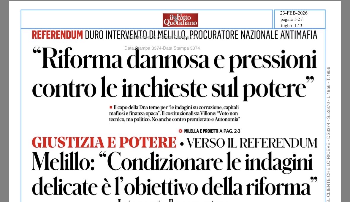 Gli ultimi 3 capi della Procura Antimafia si sono candidati alle elezioni, 2 con il Pd 1 con i 5Stelle. 
Pertanto non stupisce che l' attuale Procuratore, rilanciato dal Fatto Quotidiano, spari a zero sulla riforma, arrivando a paventare
"pressioni politico mediatiche