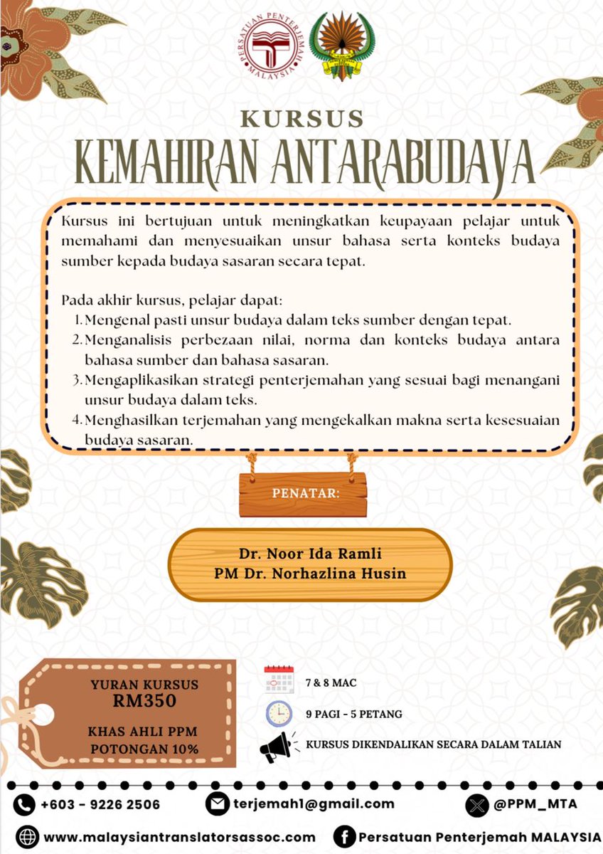 KURSUS KEMAHIRAN ANTARABUDAYA

Nak tingkatkan keupayaan memahami &amp; menyesuaikan unsur bahasa serta konteks budaya dalam terjemahan?

🗓 7 &amp; 8 Mac
⏰ 9.00 pagi – 5.00 petang
💻 Dalam talian
💰 RM350
🎉 Diskaun 10% khas untuk ahli PPM

Bersama:
Dr. Noor Ida Ramli
PM Dr. Norhazlina