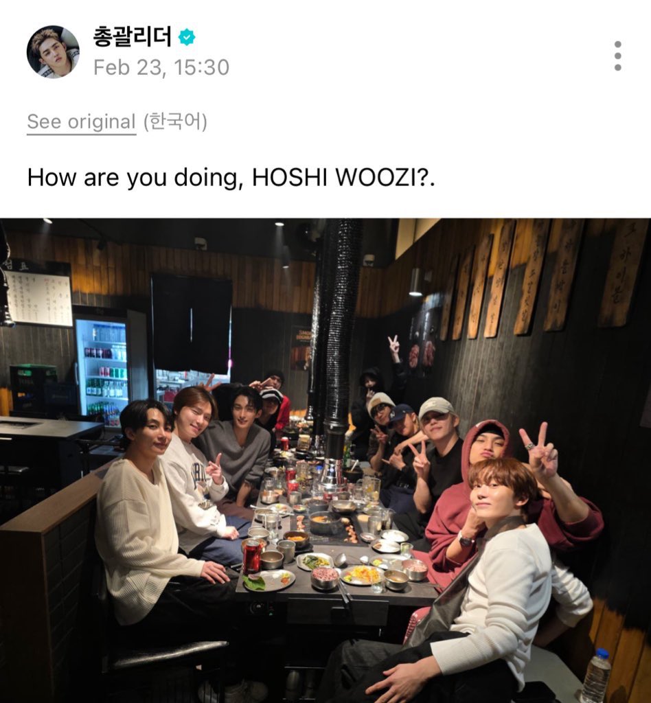 semalem ada yang bilang kalo seventeen grup yang member nya “ga deket” trus hari ini seungcheol as leader of seventeen post foto ber11 + mention 2 member yang lagi di barak = ot13. 

seakan meyakini semua orang kalo “no one loves seventeen more than seventeen” ❤️