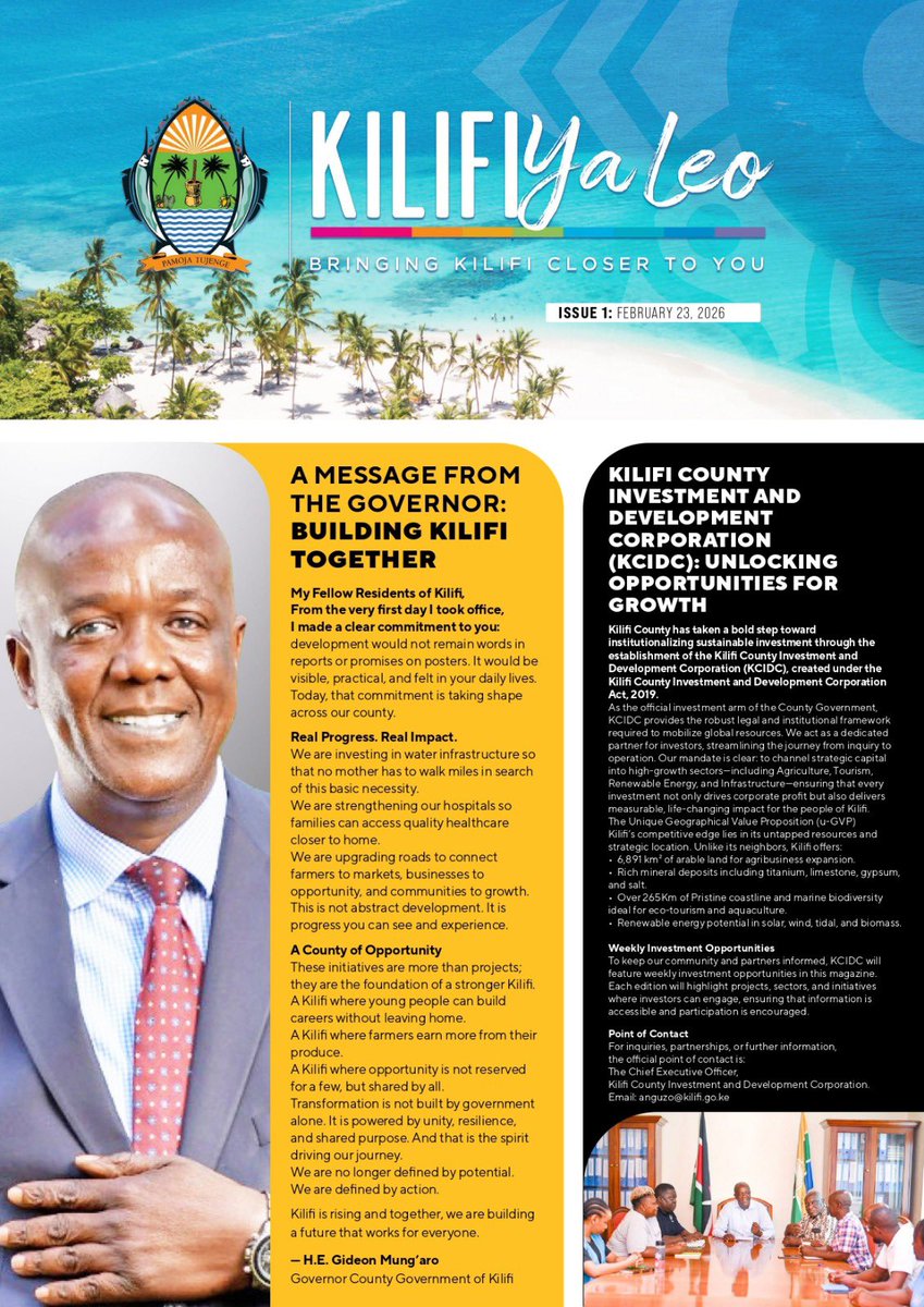 KilifiCountyGov's tweet photo. Today we unveil the maiden edition of #KilifiYaLeo — your weekly update on the transformation of Kilifi County.

In this first issue, H.E. Gov. Gideon Mung’aro shares his vision for a people-centered county where development reaches every ward. https://t.co/mjJOs8c7Nw