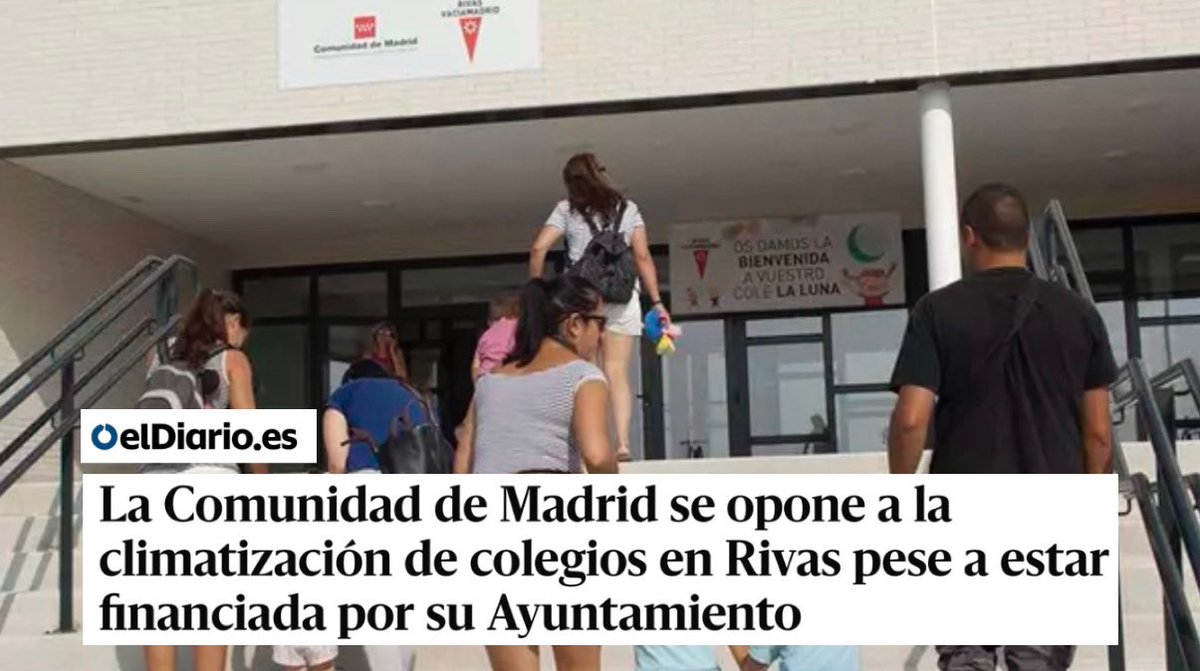 - Ayuso se niega a climatizar los colegios (es su competencia).

- El Ayuntamiento de Rivas decide, pese a no ser su competencia, financiarlo con fondos propios (puede hacerlo). 

- La Comunidad de Madrid dice que se niega. No da motivos.

Así con todo.