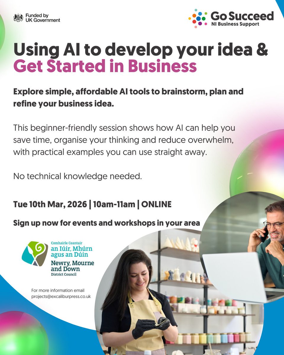 ExcaliburPress's tweet photo. Want to use AI to get your business idea off the ground?

Live in the @nmdcouncil area?

📅 Tuesday 10th March
⏰ 10am–11am
💻 Online

👉 Register here: https://t.co/TWKeLtXru4

#GoSucceed #StartYourBusiness #WorkSmarter #BusinessSupport #CommunitySupport https://t.co/LweE3HtIWi