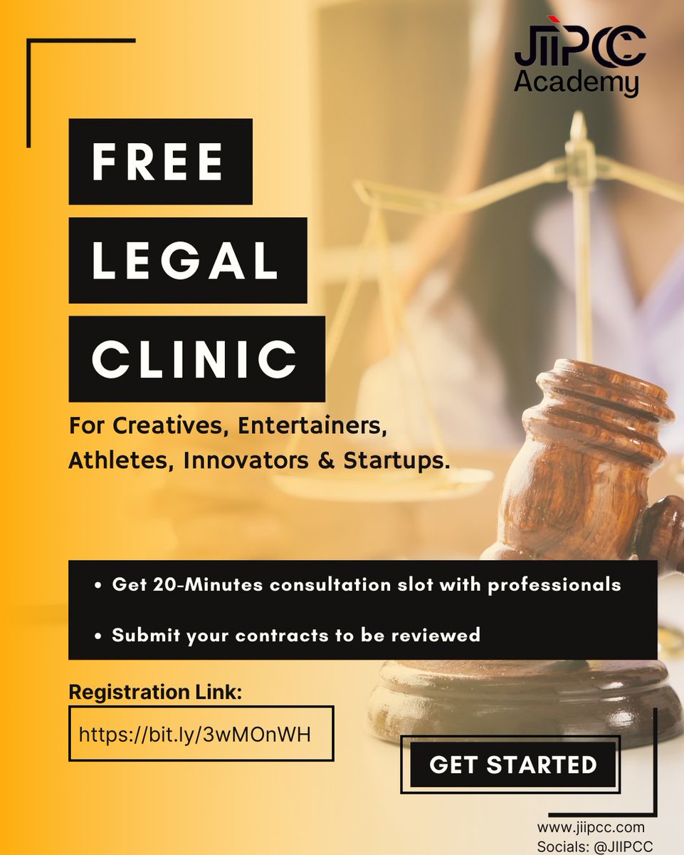 Get FREE legal guidance at the JIIPCC Academy Free Legal Clinic.

✅ 20-minute consultations with industry professionals
✅ Contract review 

Empower your ventures. Get started today: bit.ly/3wMOnWH

#JIIPCC #FreeLegalClinic #Nigeria #Law #Support
jiipcc.com