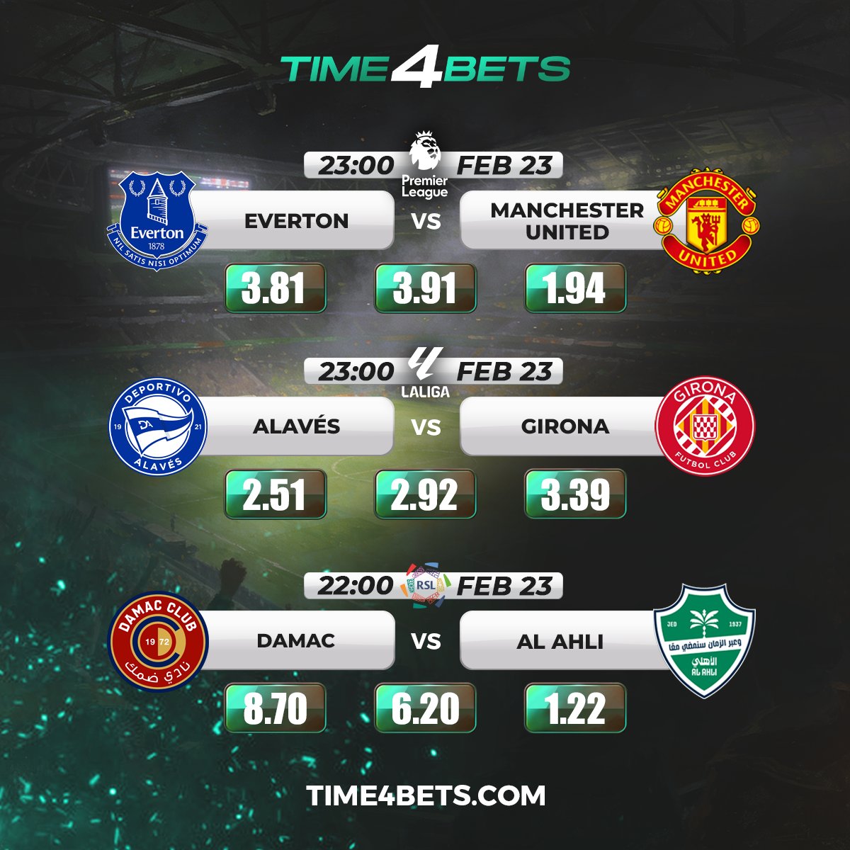 يوم مباريات مثير ⚠️

⚽️🔥يشعل الدوري الإنجليزي الممتاز (Premier League) الدراما مع مواجهة إيفرتون vs مانشستر يونايتد في صراع يجمع بين التاريخ والطموح.

#كرة_القدم #مراهنات_الكرة #توقعات_المباريات #تحليل_المباراة #ربح_الرهانات

🌐Website: time4bets.com