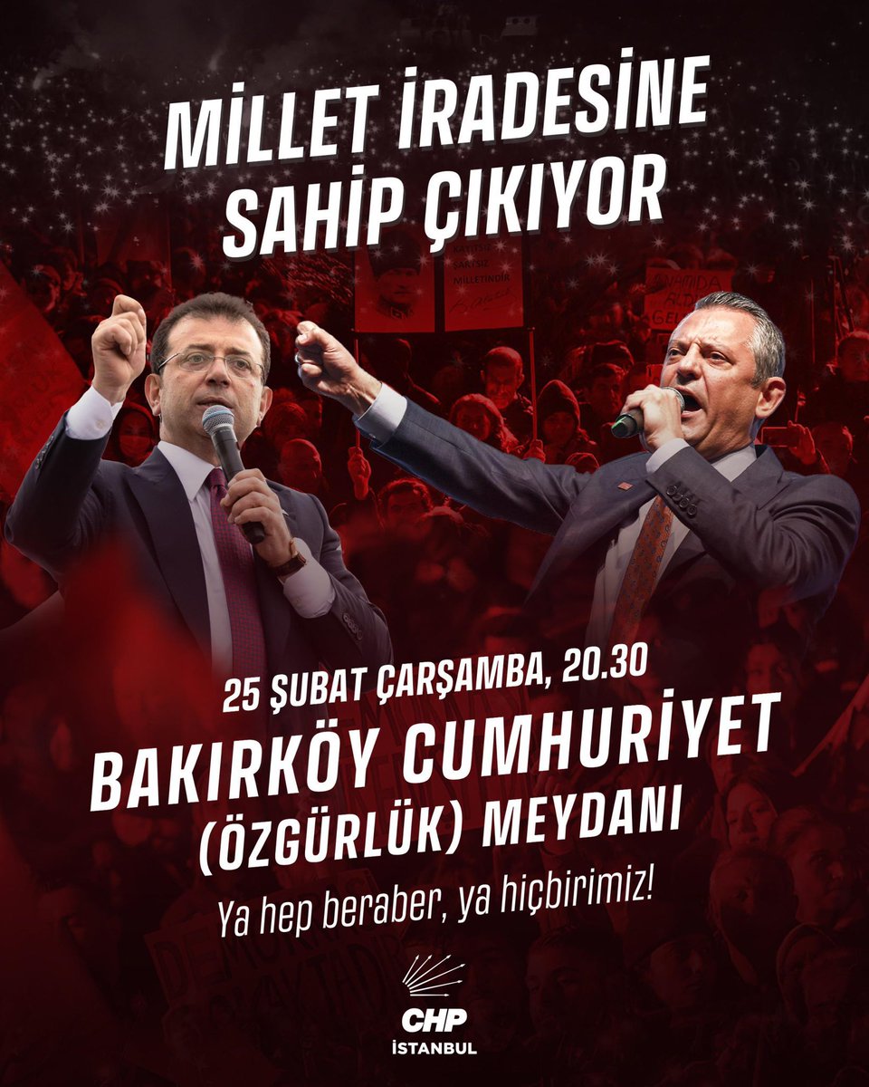 Adalet ve demokrasi için bölge mitinglerimizin ilkini İstanbul 3.Bölge merkezi Bakırköy'de gerçekleştiriyoruz!

Genel Başkanımız Özgür Özel öncülüğünde, Cumhurbaşkanı adayımız Ekrem İmamoğlu ve tüm yol arkadaşlarımıza özgürlük için buluşuyoruz.
