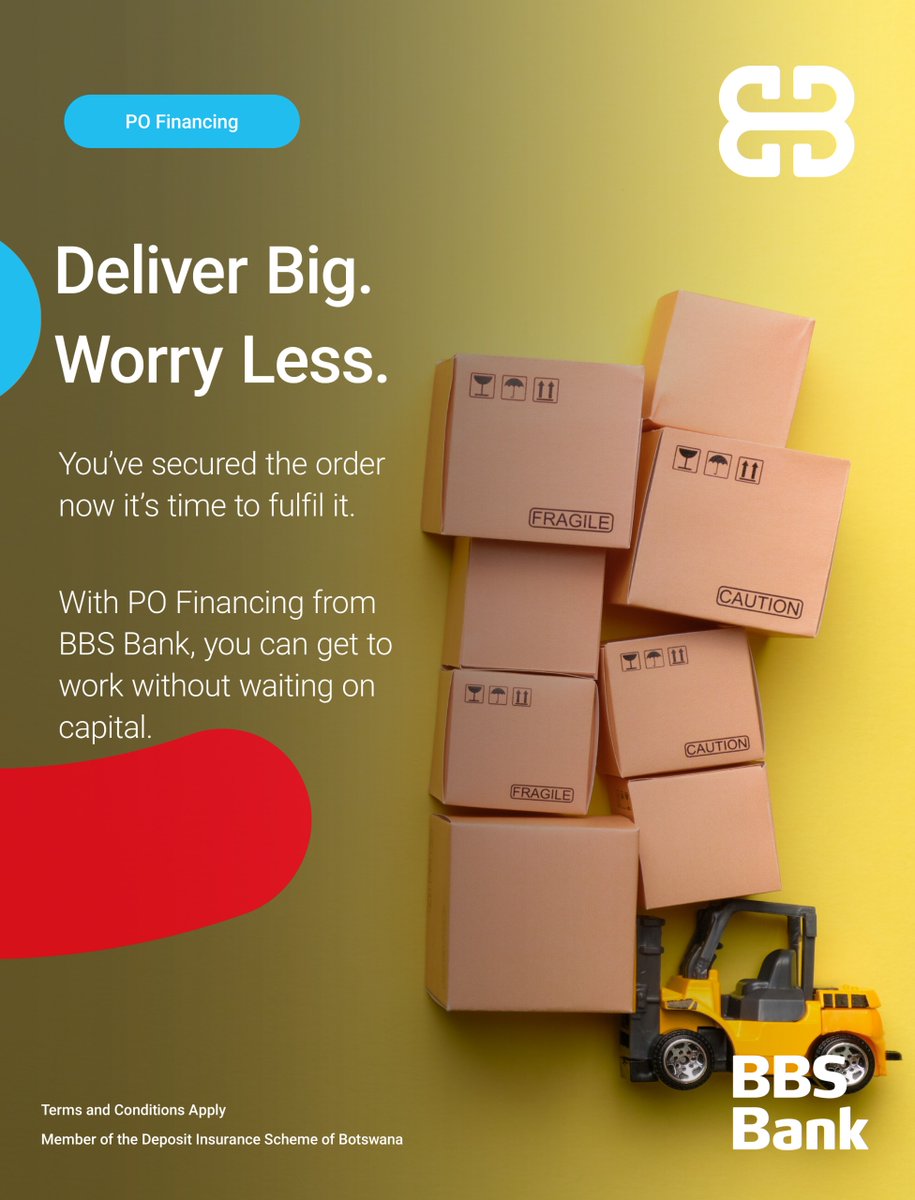 With PO Financing, you can cover stock, supplier payments and meet deadlines all before client payments arrive. For more information call us at 363 1555, or WhatsApp 77734977 or email call@bbs.co.bw. #BBSBank #businesscurrentaccount #POFinancing