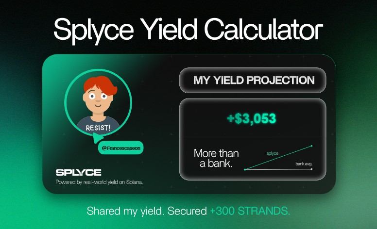 Francescaseon's tweet photo. Just tested the real-world yield calculator from @SplyceFi.

My numbers came out +2,928.23% higher than leaving it in a bank.

Check yours: https://t.co/1UgnWj8Ksm https://t.co/k0ntlFZOOy