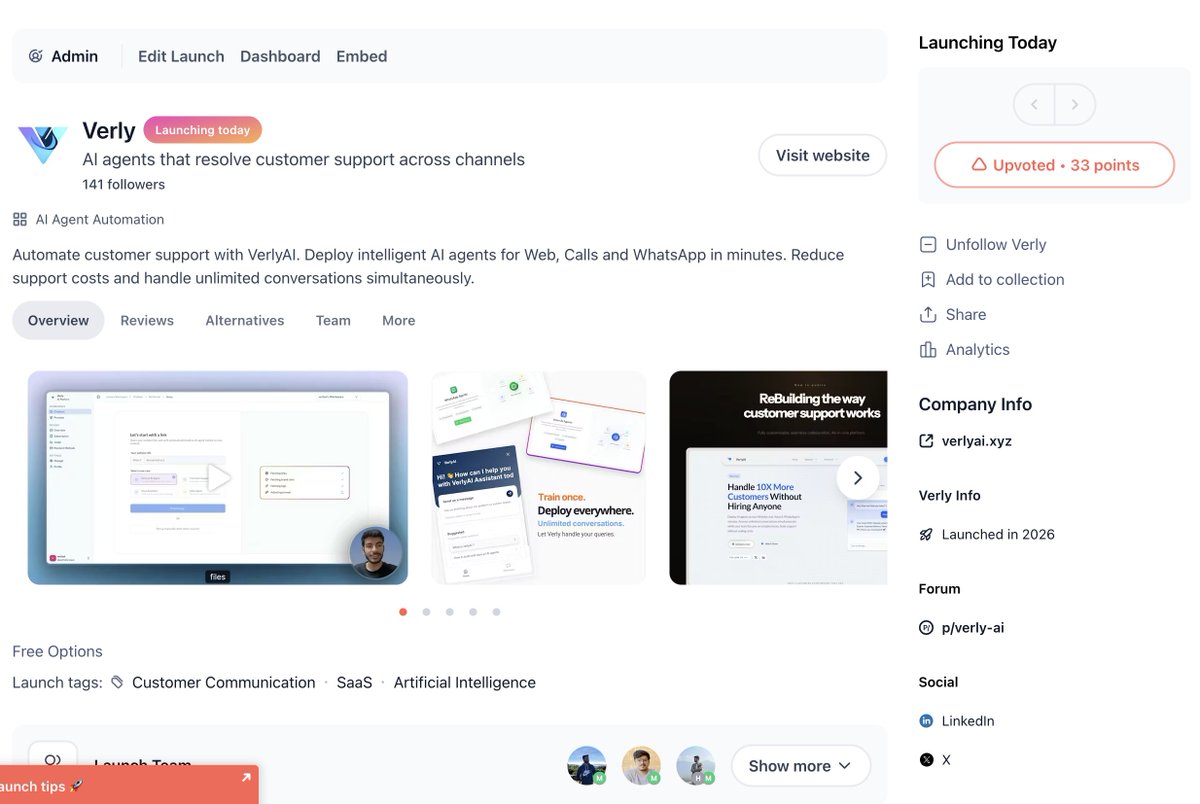 tyagi_Shashankk's tweet photo. We launched @VerlyAI  on Product Hunt yesterday and finished #6. also got our initial sign ups.

Watching strangers trust your product, connect their business, and let it talk to their customers is a very surreal moment.

Thank you to everyone who checked it out, commented, and gave feedback.