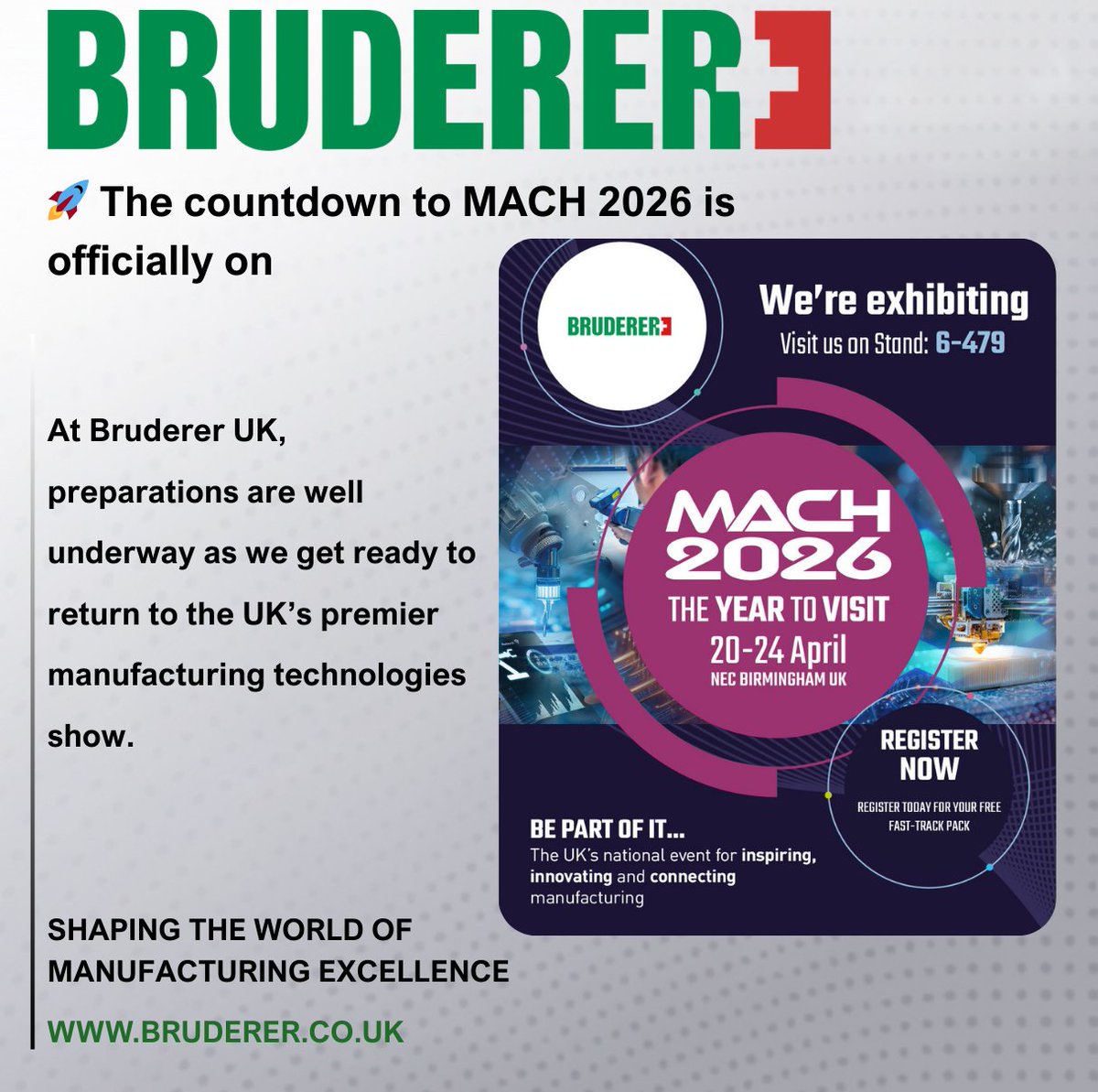 BrudererUK's tweet image. Preparations are in full swing at Bruderer UK as we get ready for Hall 6, Stand 6‑479. Over the coming weeks we’ll be sharing what you can expect from us — new tech, demos &amp;amp; more. The countdown is on! 🔧✨ 

#mach2026 #mta #ukmfg #engineeringexcellence #manufacturing #bruderer
