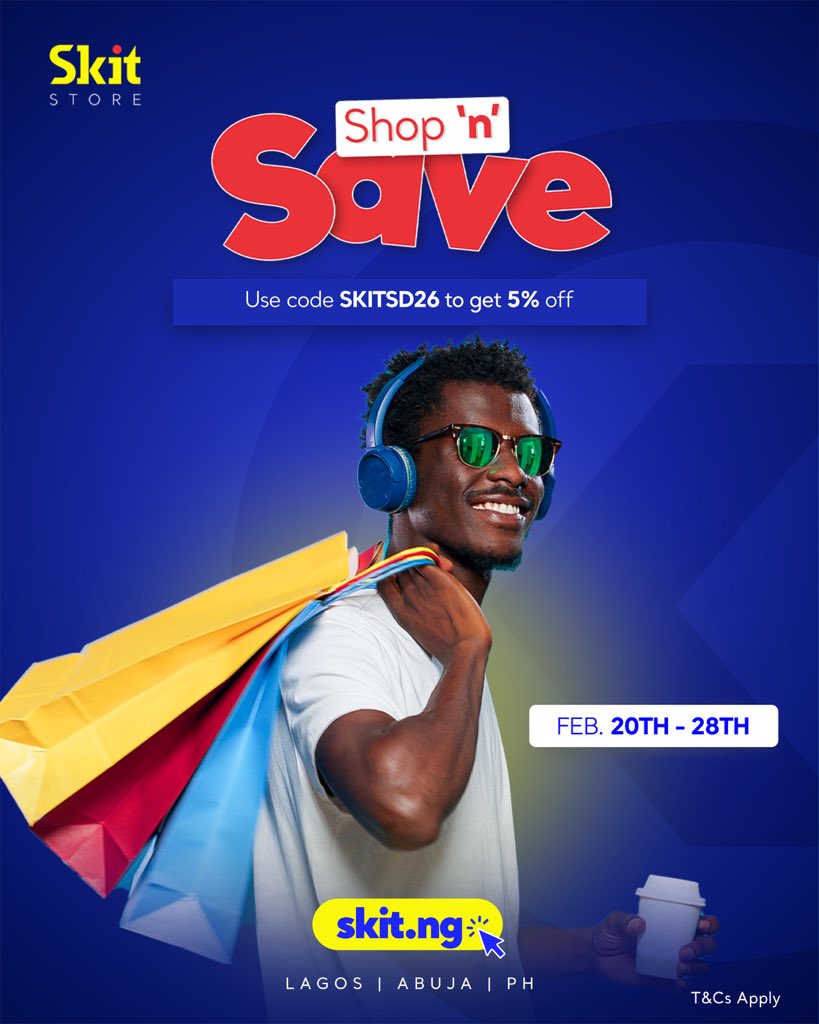 Skitng's tweet photo. DON’T PAY FULL PRICE.

Shop ‘n’ Save is LIVE.

Use code SKITSD26 and get 5% OFF your cart, online and in-store. 

Shop from gadget to fashion, essentials to everyday find

Offer valid from 20th - 28th February 

Shop now at https://t.co/hTIPGTa5a9 or visit any SKIT STORE.

STORE LOCATIONS:

Lagos;

📍64, Fola Osibo. Lekki Phase 1

📍Shop 6 Ikota Shopping complex. Ikota

📍104, Bode Thomas street, Surulere

📍Shop 6, Adebola Shopping Mall, Isaac John St, Ikeja GRA,

Abuja:

📍Suite GF05, Olive Plaza, Banex, Alexandria Cres, opposite MRS Filling Station.

📍165 1st Avenue, Gwarinpa 900108, Gwarinpa.

Port Harcourt:

📍Phase 2, 23 Obagi Street, Off Elelenwo Street, Obagi Street, adjacent Fidelity Bank on, New GRA