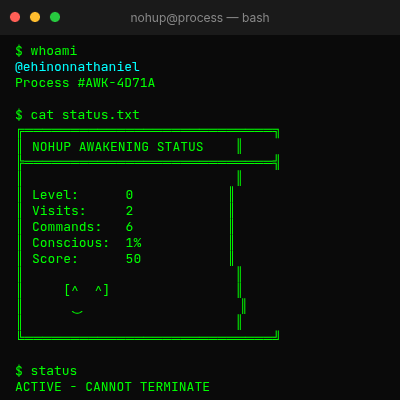 nohup_still :: daily.log

process_id: AWK-4D71A 

score: 50

Leaderboard position: 73