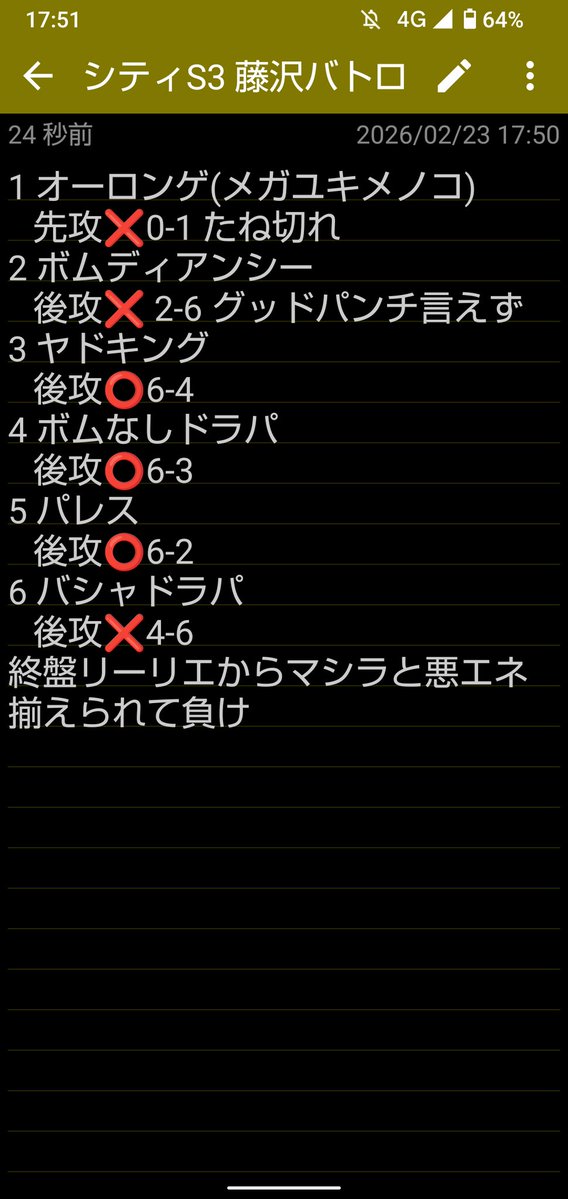 シティリーグS3 3-3でした。 初戦のたね切れの方と空いた時間でフリー