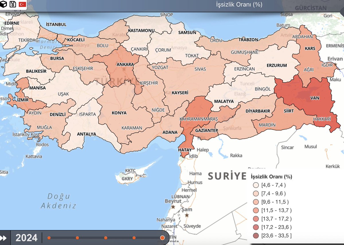 Türkiye’de bölgeler itibarıyla işsizlik oranları.
İşsizliğin en düşük olduğu bölge Kastamonu-Sinop-Çankırı (%4,6). 
En yüksek işsizlik Van-Muş-Bitlis-Hakkari bölgesinde (%15,3).
Kaynak: TÜİK.