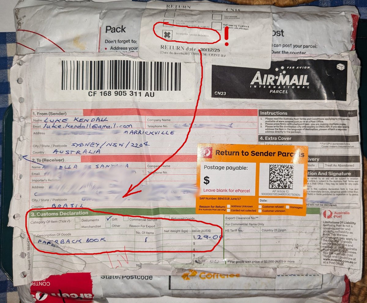 LukeJKendall's tweet photo. When the copy of your 6th book you sent (Dec 4th) as a "thank you" gift to your cover designer in Brazil is returned to sender due to "incomplete Customs declaration", despite a correct and complete Customs declaration. Weird. #indiepublishing
Did I do something wrong this time?! https://t.co/7k6VkcBxRV