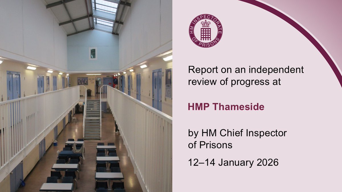 HMIPrisonsnews's tweet image. HMP Thameside: Leaders driving progress, but significant problems persisted

Read our inspection report: hmiprisons.justiceinspectorates.gov.uk/?post_type=hmi… 
 
And the press notice: hmiprisons.justiceinspectorates.gov.uk/?post_type=new…