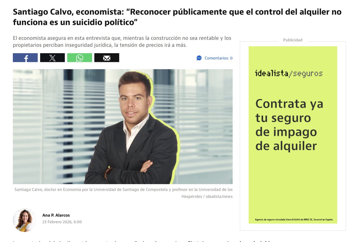 Me han entrevistado en <a href="/idealista/">idealista</a> sobre los dos años de controles del alquiler en España. 

El balance es claro: menos oferta, peor calidad, pisos más pequeños y precios por m² que no bajan. Pero ningún gobierno va a reconocer que la medida estrella de la Ley de Vivienda está