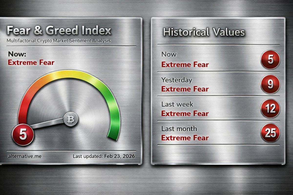 0xAiBlock's tweet image. 🚨 Crypto #Fear &amp;amp; #Greed Index Update

Current Sentiment: 🔴 5 Extreme Fear

Yesterday: 9
Last Week: 12
Last Month: 25
Fear isn’t just present… it’s accelerating.
Confidence is fading fast.
This is approaching capitulation territory.

When sentiment compresses this quickly, it