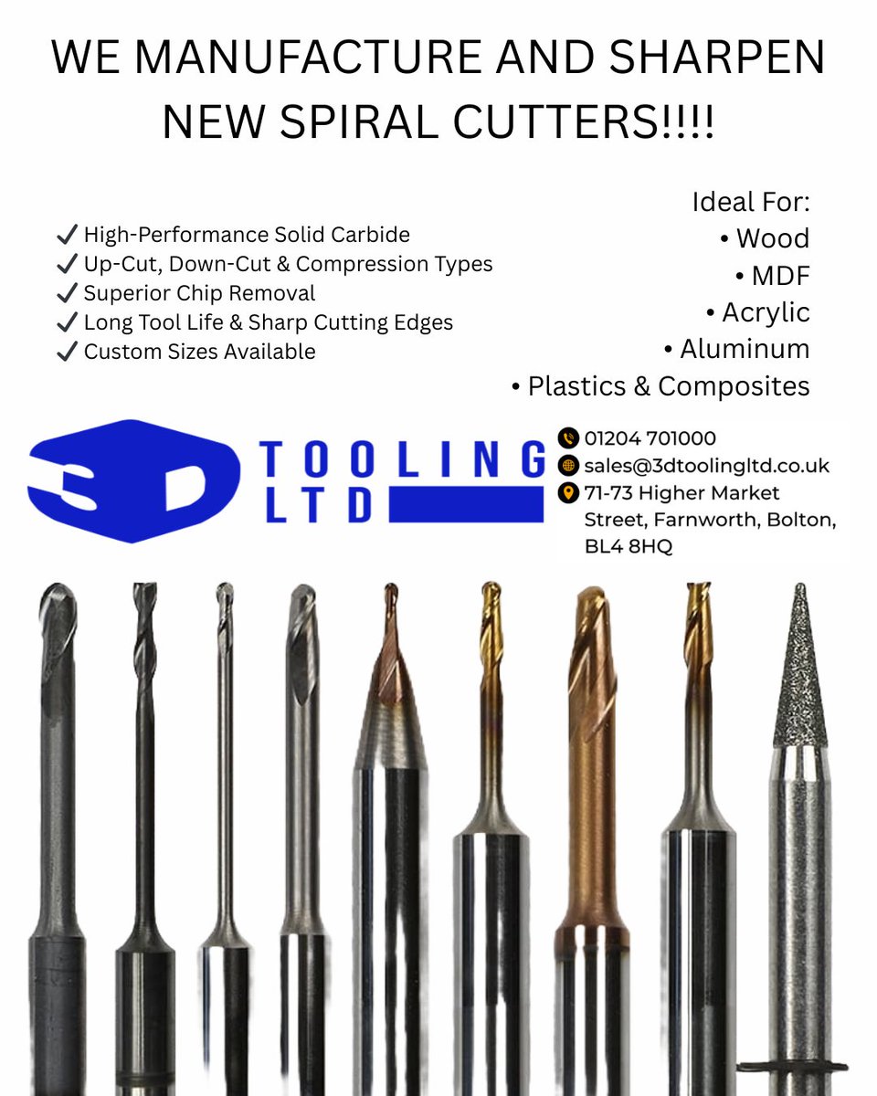 3dtooling's tweet photo. SHARPENING AND MANUFACTURING OF SPIRAL CUTTERS

send us an email, give us a call or even come into store for prices and availability https://t.co/igxpDIVrhR