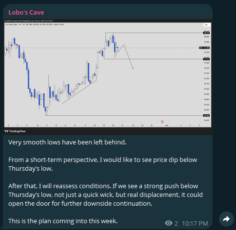 DXY Update  

I outlined the play earlier on my Telegram channel.

Unfortunately, the move was extremely aggressive straight from the open, was not able to capitalize on it.

Going forward, I want to see this bearish leg hold and be the driver of a strong pulldown move. 

If