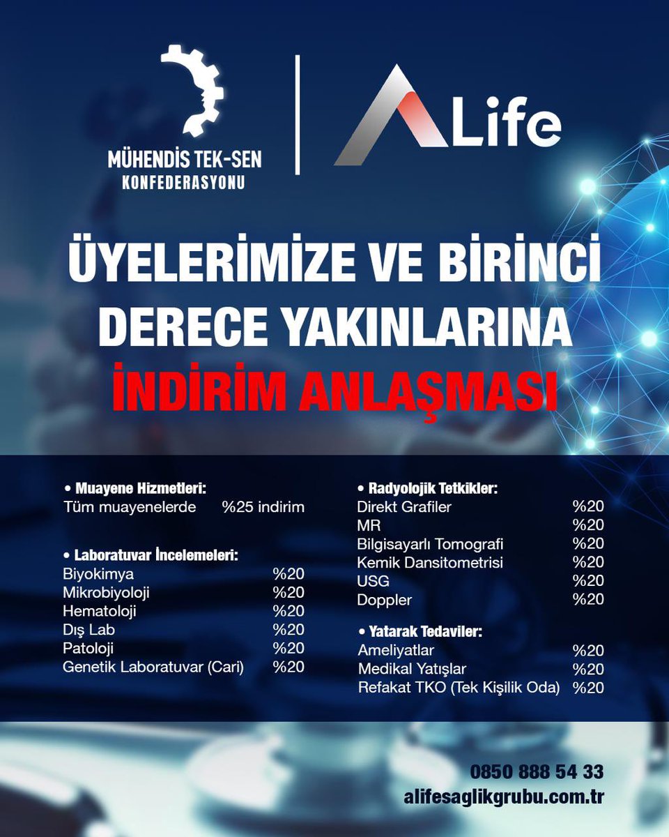 Mühendis Tek-Sen Konfederasyonu ile A Life Sağlık Grubu arasında, üyelerimize ve birinci derece yakınlarına yönelik sağlık alanında bir iş birliği protokolü imzalandı.

Bu kapsamda üyelerimiz;

🩺 Tüm muayenelerde %25 indirim
🔬 Laboratuvar ve radyolojik tetkiklerde %20 indirim
