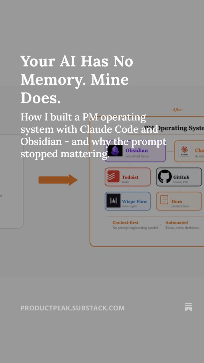 What if your AI already knew what you discussed with a customer last Tuesday and what your priorities are this week?

I built a PM operating system that does exactly that. No prompt engineering - just context.

Here's how it works.
open.substack.com/pub/productpea…