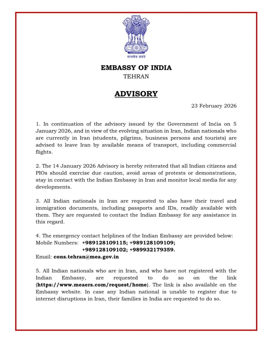 The Indian government has once again advised its citizens in Iran to leave the country as soon as possible.

 Read more: facebook.com/share/1DBtSLVj…