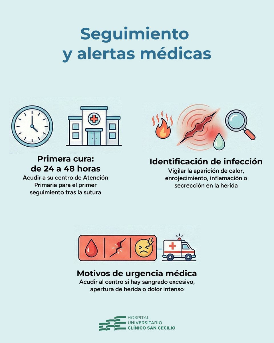 clinicogranada's tweet photo. 🩹 Guía básica para el cuidado de tu herida o sutura:

✔️ Lavado con jabón neutro y clorhexidina
✔️ Reposo y protección solar
✔️ Primera cura a las 24–48 h

🚨 Acude si hay enrojecimiento, secreción, sangrado o dolor intenso.

#Cuidados #Suturas #HospitalClínicoSanCecilio https://t.co/WyKdrYBu3Q