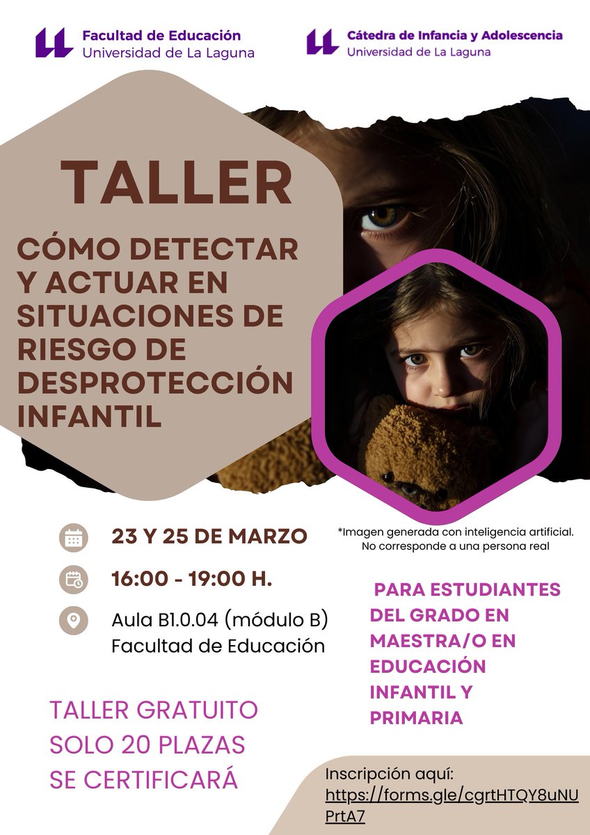 FacultadEducUll's tweet photo. ✅ Taller "Cómo detectar y actuar en situaciones de riesgo de desprotección infantil".

🗓️ 23 y 25 de marzo / De 16 a 19h.

📍Aula B1.0.04 de la Facultad de Educación.

💡 Organiza la Cátedra de Infancia y Adolescencia de la
@ULL 

🎯 Inscríbete aquí: https://t.co/A5p8q3H46K https://t.co/vPuJ3sPyxu