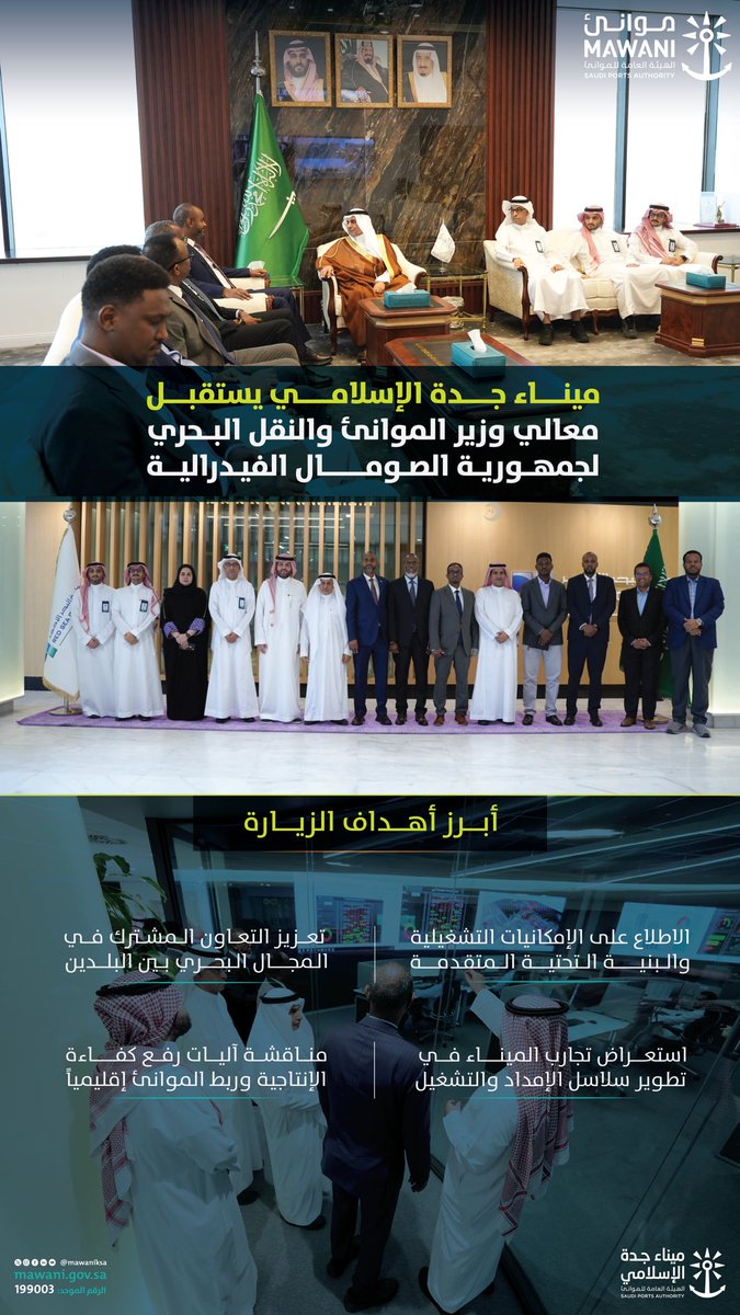 MawaniKSA's tweet photo. استقبل #ميناء_جدة_الإسلامي معالي وزير الموانئ والنقل البحري في جمهورية الصومال الفيدرالية السيد عبدالقادر محمد نور، وجرى خلال اللقاء استعراض القدرات التشغيلية للميناء ومناقشة سبل تعزيز التعاون المشترك بين البلدين في قطاع النقل البحري. https://t.co/m5FPht9d6d
