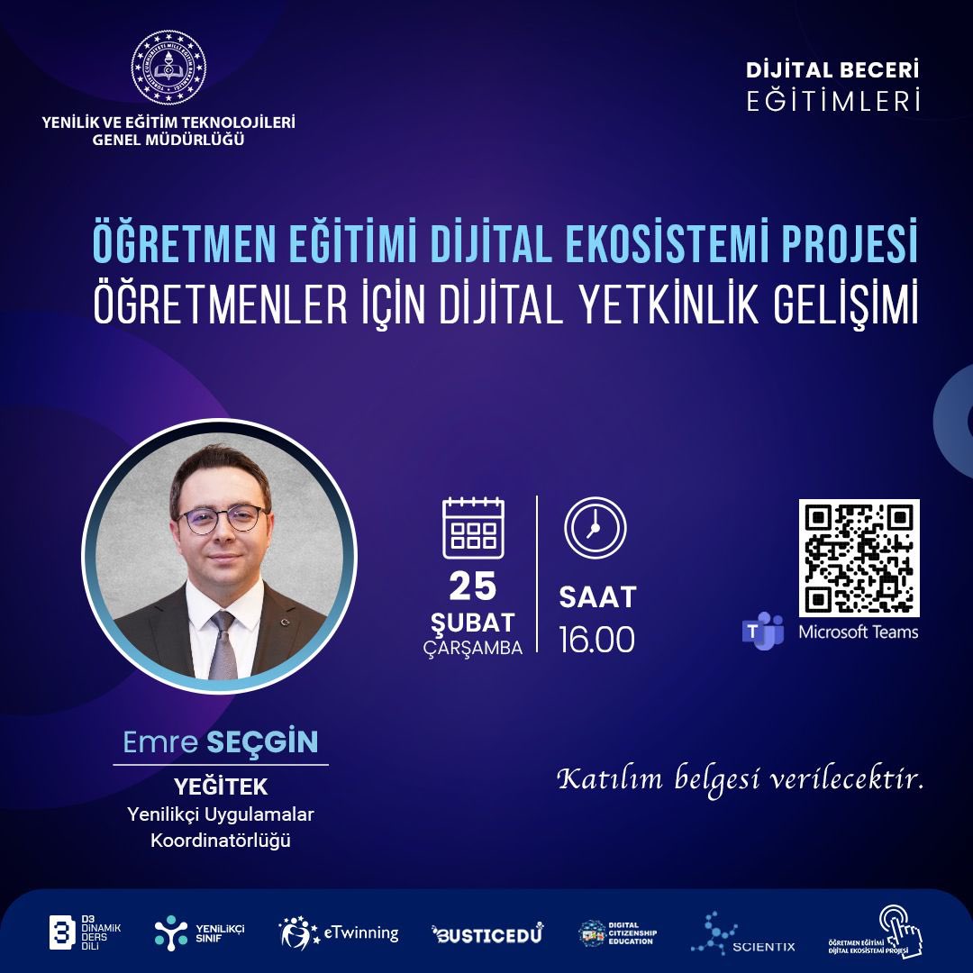 yegitekordu's tweet photo. 📢Öğretmen Eğitimi Dijital Ekosistemi Projesi-ÖğretmenlerİçinDijitalYetkinlikGelişimi
📚EmreSEÇGİN
📆25.02.2026Çarşamba/16.00
🔗https://t.co/H2SOa7KvsO
✅38023433718200/xj3NM3H4
#egitimkentiORDU
#Ordu
@tcmeb @Yusuf__Tekin @mebyegitek @TCOrduValiligi @CelileErenOKTEN @mfvargeloglu https://t.co/DRsZmXfiB1