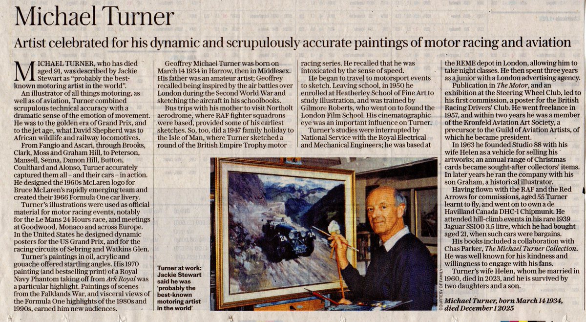 chashooe's tweet photo. Normally I'd be quite alarmed to see my name on the obituaries page of the Daily Telegraph, but in this case it's because a book I wrote with the renowned motor racing and aviation artist Michael Turner, who passed away in December, gets a mention. Lovely tribute to a lovely man. https://t.co/WqHgHizeom