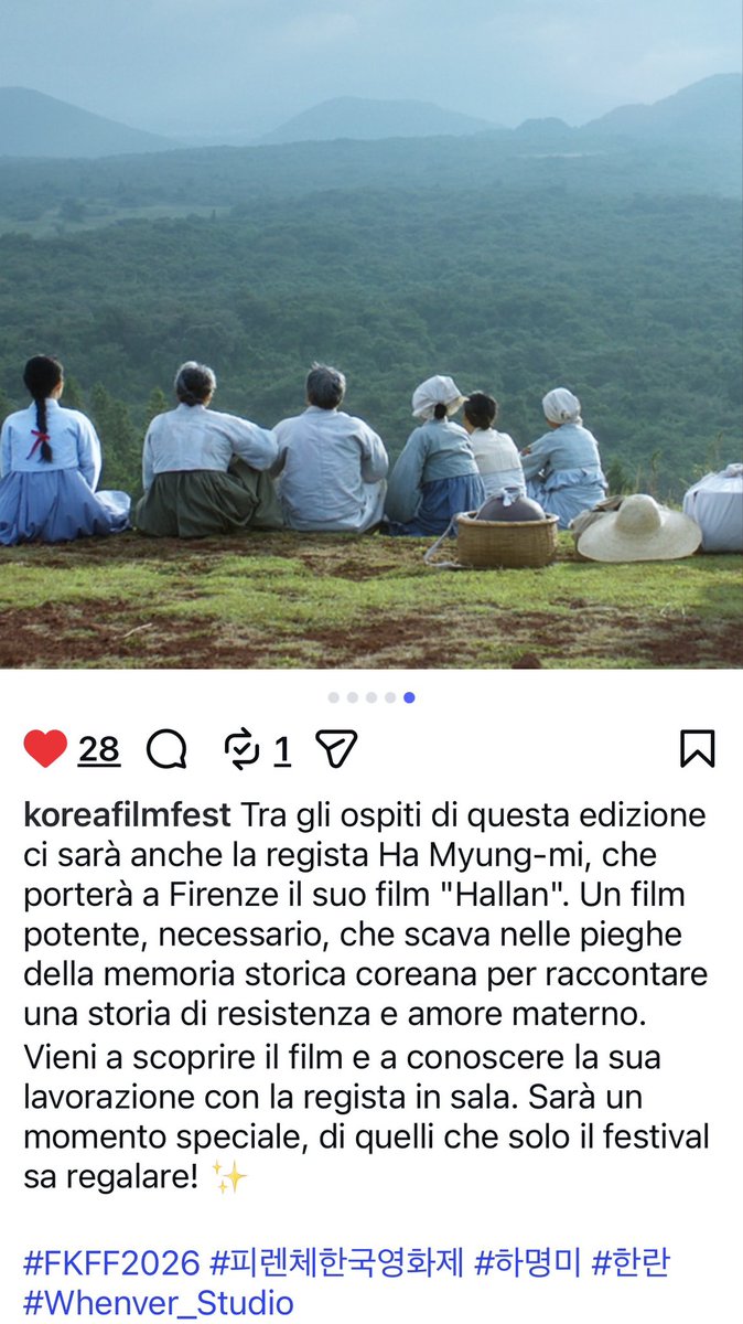 영화 <한란> 이탈리아 피렌체 한국영화제 경쟁부문에 초청되어 3/20 일 오후 3시에 이탈리아 관객 여러분을 만납니다. 
상영 후 하명미감독님과의 Q&amp;A 가 예정되어 있습니다. 🎟️🎬

아진과 해생의 여정이 산과바다를 건너 멀리 유럽으로 이어집니다. 많은 관심과 응원바래요🙏🌺

<a href="/koreafilmfest/">Korea Film Fest</a>