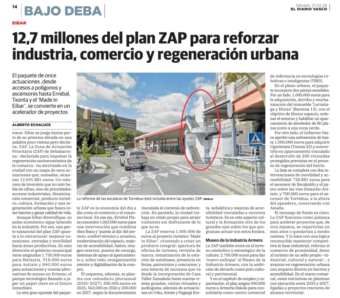 Contamos con 12,7 millones del plan ZAP para reforzar industria, comercio y regeneración urbana en Eibar.

Con actuaciones clave — desde accesos a polígonos y ascensores hasta Errebal, Txonta y el 'Made in Eibar' — este paquete se convierte en un auténtico acelerador de proyectos