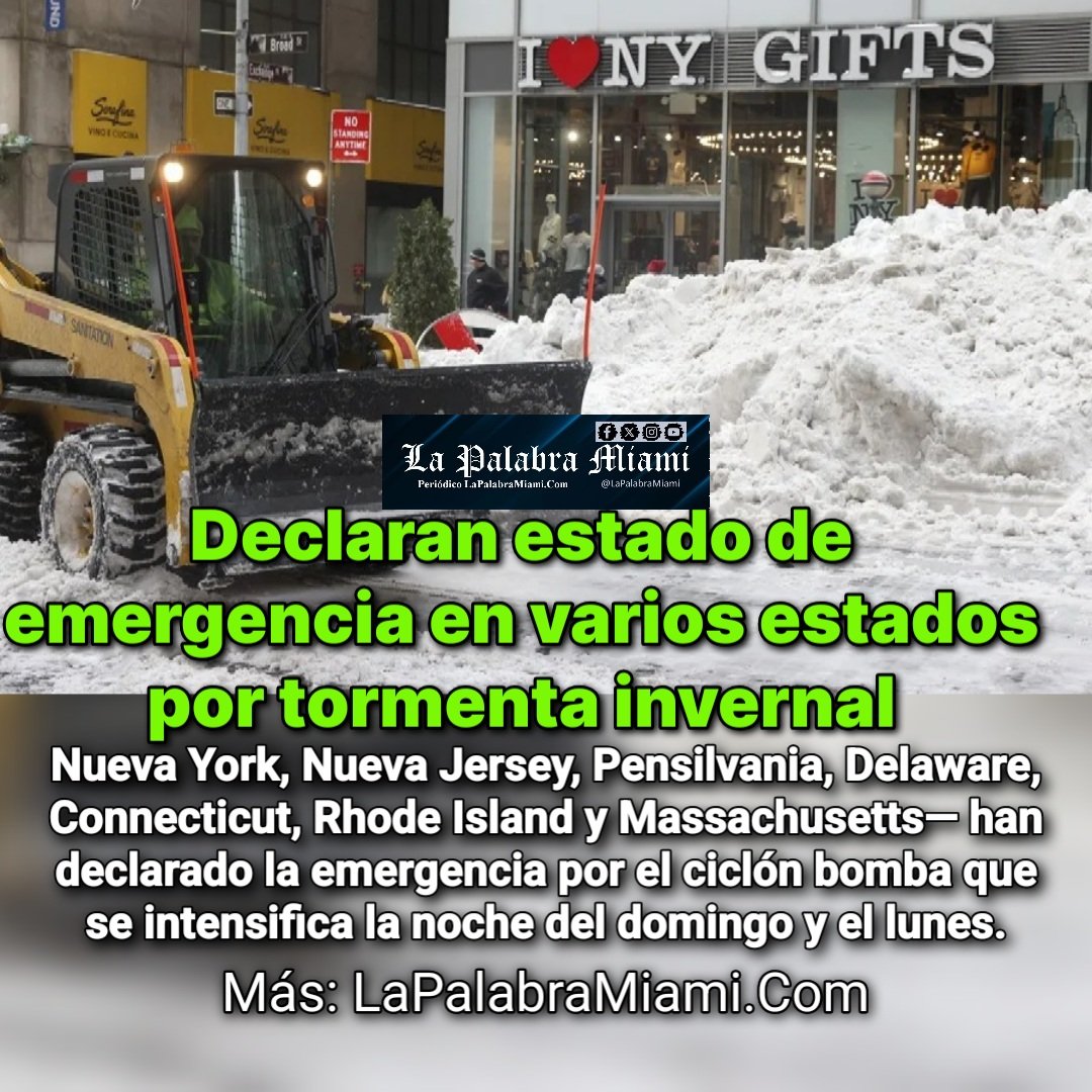 Tormenta invernal amenaza a millones de personas en EEUU

Nueva York, N Jersey, Pensilvania, Delaware, Connecticut, Rhode Island y Massachusetts— han declarado la emergencia por el ciclón bomba que se intensificará la noche del domingo y el lunes.
Más: LaPalabraMiami.Com
