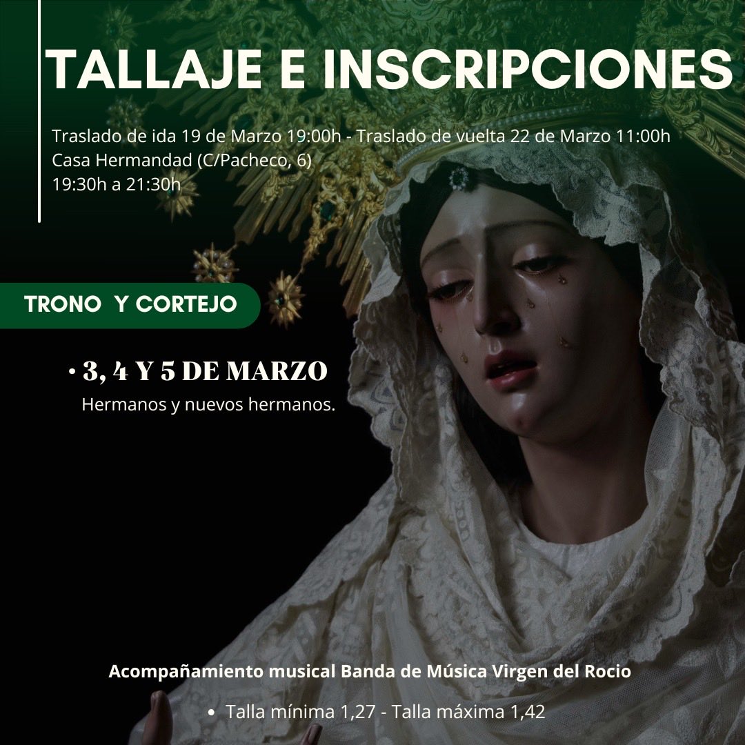 𝐓𝐀𝐋𝐋𝐀𝐉𝐄 𝐄 𝐈𝐍𝐒𝐂𝐑𝐈𝐏𝐂𝐈𝐎𝐍𝐄𝐒 𝐏𝐀𝐑𝐀 𝐋𝐎𝐒 𝐓𝐑𝐀𝐒𝐋𝐀𝐃𝐎𝐒 𝟐𝟎𝟐𝟔|

📅 3, 4 y 5 de Marzo.
🕰️ 19:30h a 21:30h.
📍 Casa Hdad.

🎶 Acompañada por la Banda de Música Virgen del Rocio.

#CofradíasMLG