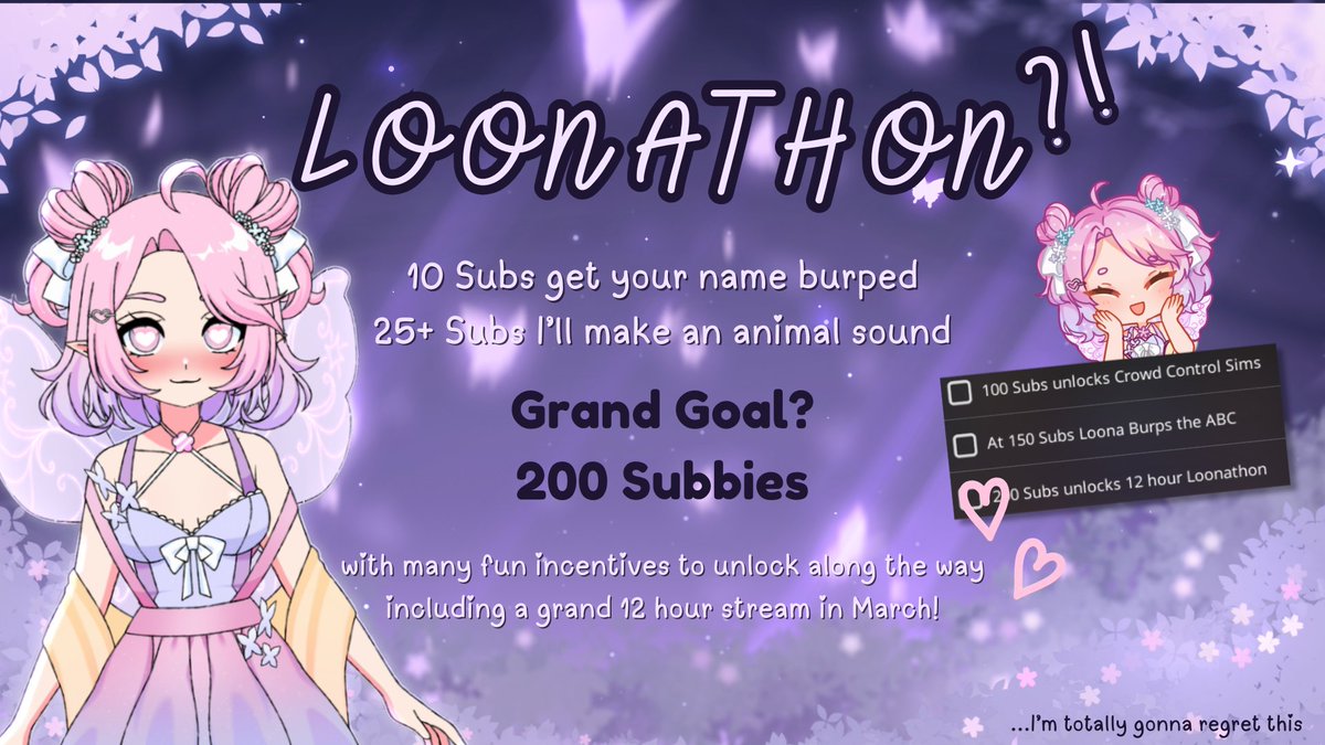 Our Special Subathon starts today!

Instead of unlocking a 12 hour stream within one day only you will have *all week* to meet our grand goal of 200 subs🎉

There'll be a bunch of fun incentives to unlock along the way too - hope see you there💕

(stream starts in 3ish hours)