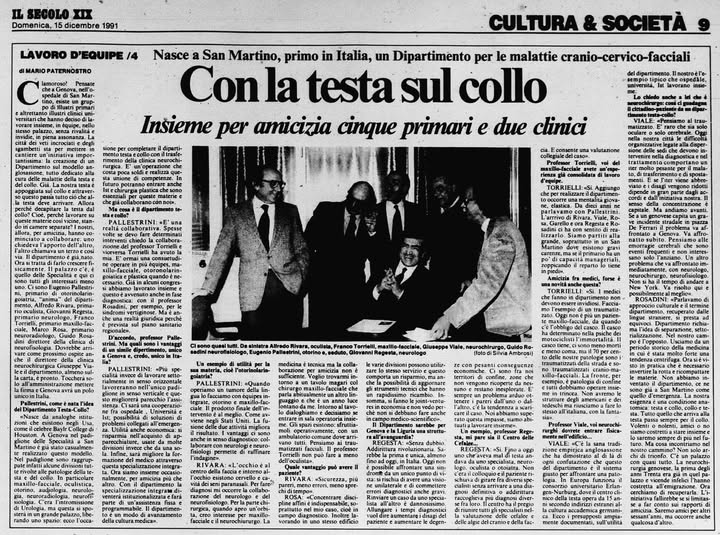 ipartimento Testa Collo Secolo XIX 15 Dicembre 1991.
Annuncio Fondazione Dipartimento Testa Collo Regione  Liguria.  Un ricordo